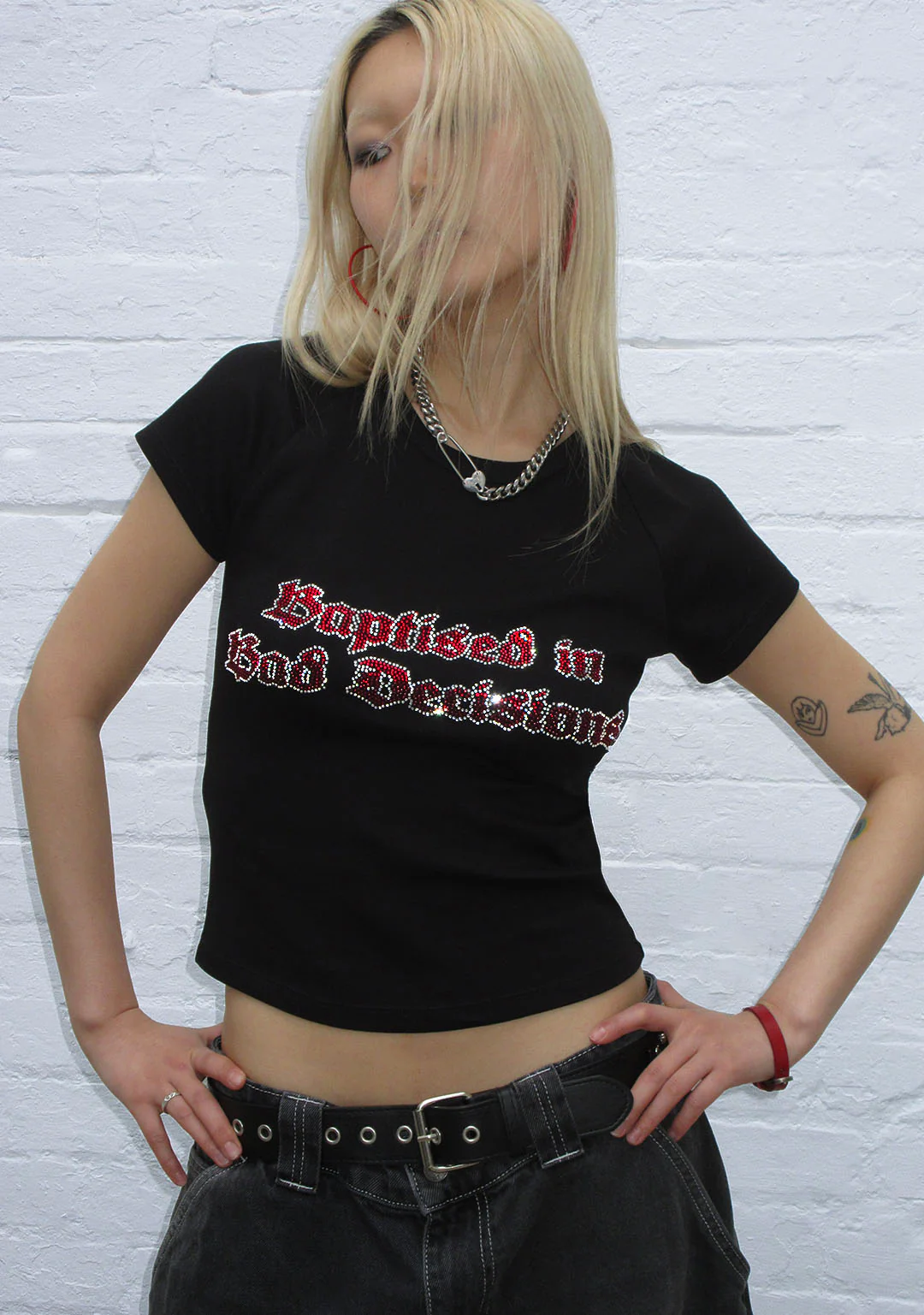 BAD DECISIONS RHINESTONE BABY TEE BLACK - Image 4
