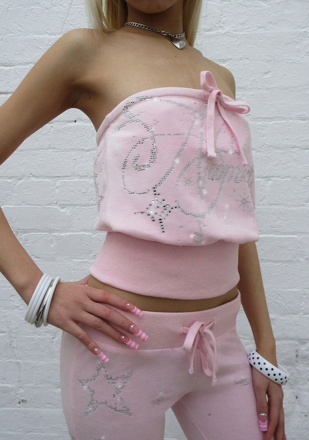 DREAMER RHINESTONE VELOUR TUBE TOP BABY PINK - Image 5