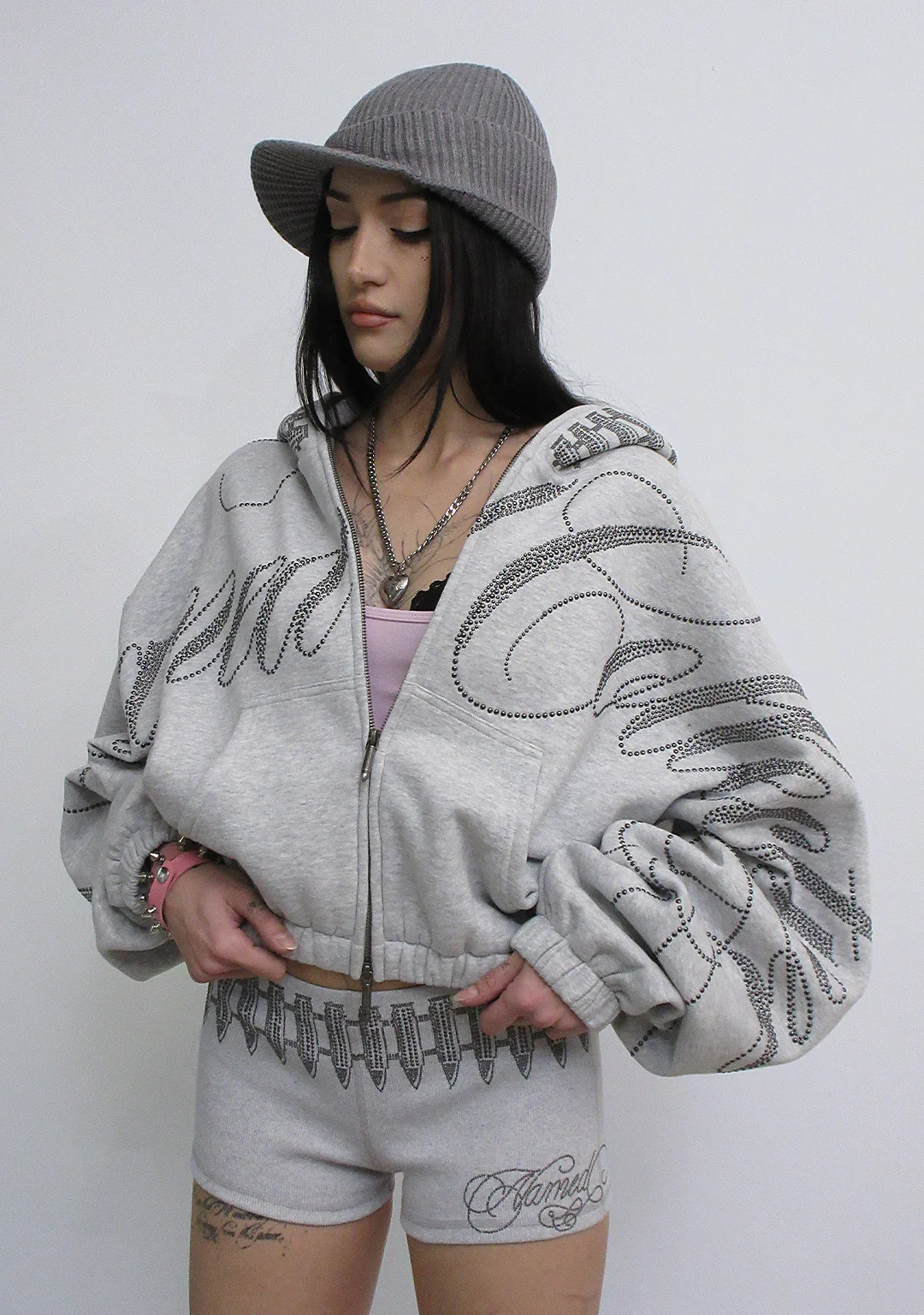 ENEMY STUDDED MICRO HOTPANT SHORTS GREY MARL - Image 3