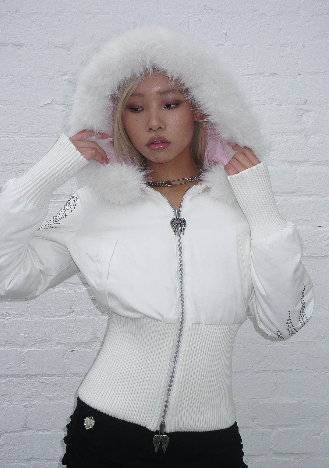 FALLEN FAUX FUR REVERSIBLE RIB PUFFER JACKET BABY PINK AND WHITE - Image 3