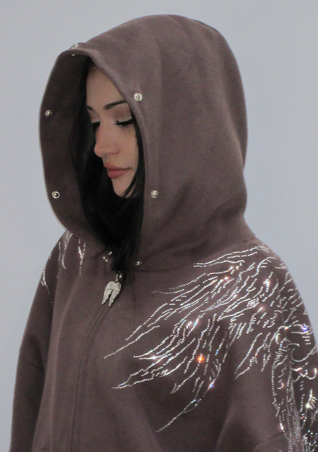 FALLEN FAUX FUR RHINESTONE ZIP HOODIE BROWN (DETACHABLE FUR) - Image 6