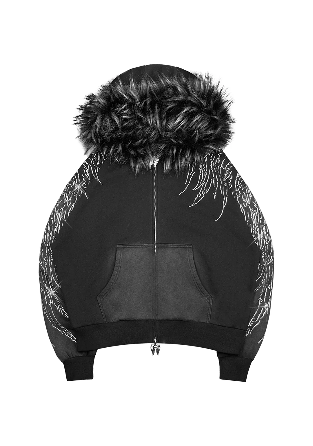 FALLEN FAUX FUR RHINESTONE ZIP HOODIE WASHED BLACK (DETACHABLE FUR) - Image 7