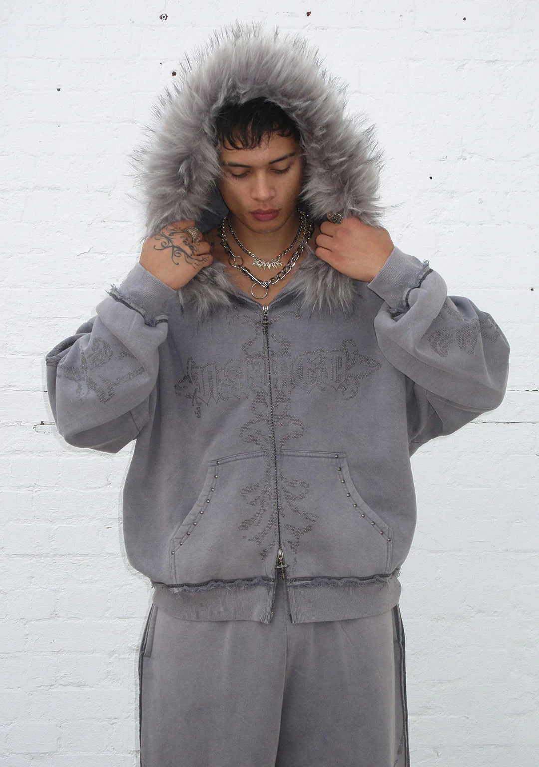 FERAL FAUX FUR STUDDED ZIP HOODIE WASHED GREY (DETACHABLE FUR) - Image 3