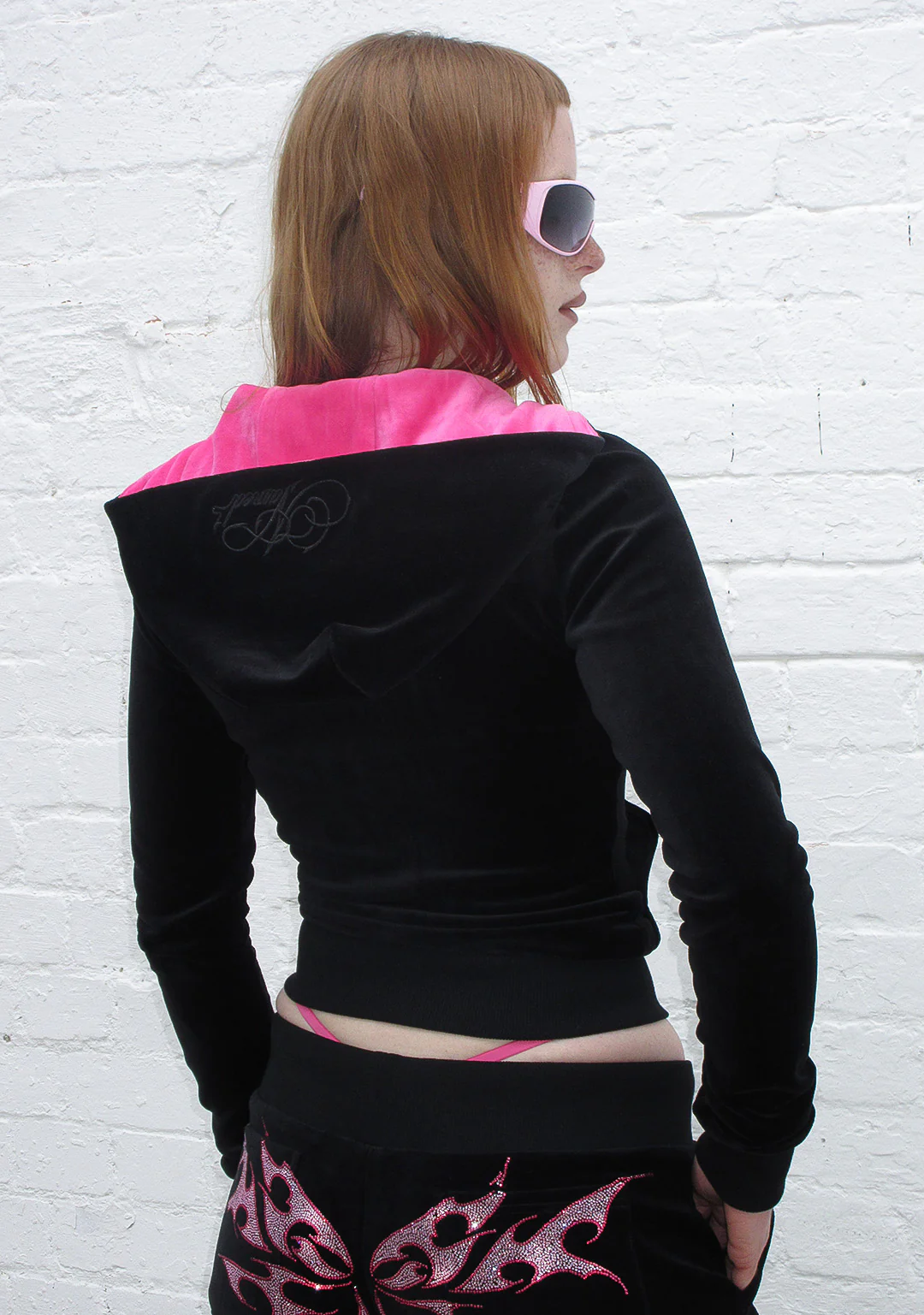 IDOL RHINESTONE VELOUR FITTED ZIP HOODIE BLACK - Image 4