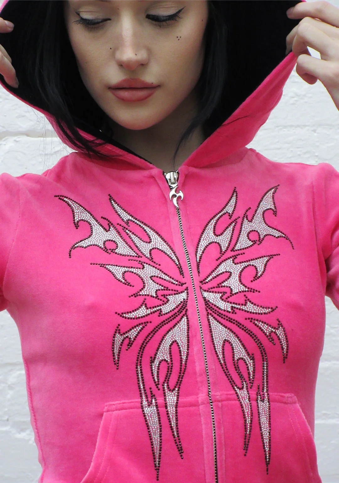 IDOL RHINESTONE VELOUR FITTED ZIP HOODIE HOT PINK - Image 7