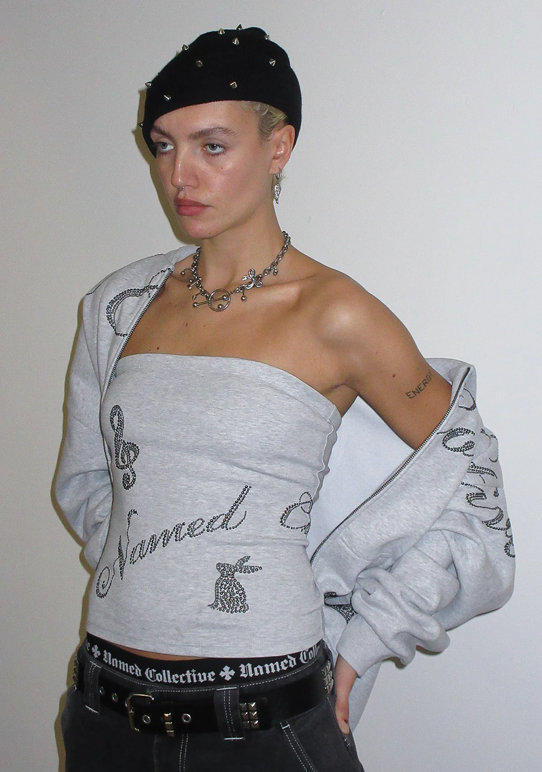 MUSE STUDDED ZIP HOODIE GREY MARL - Image 3