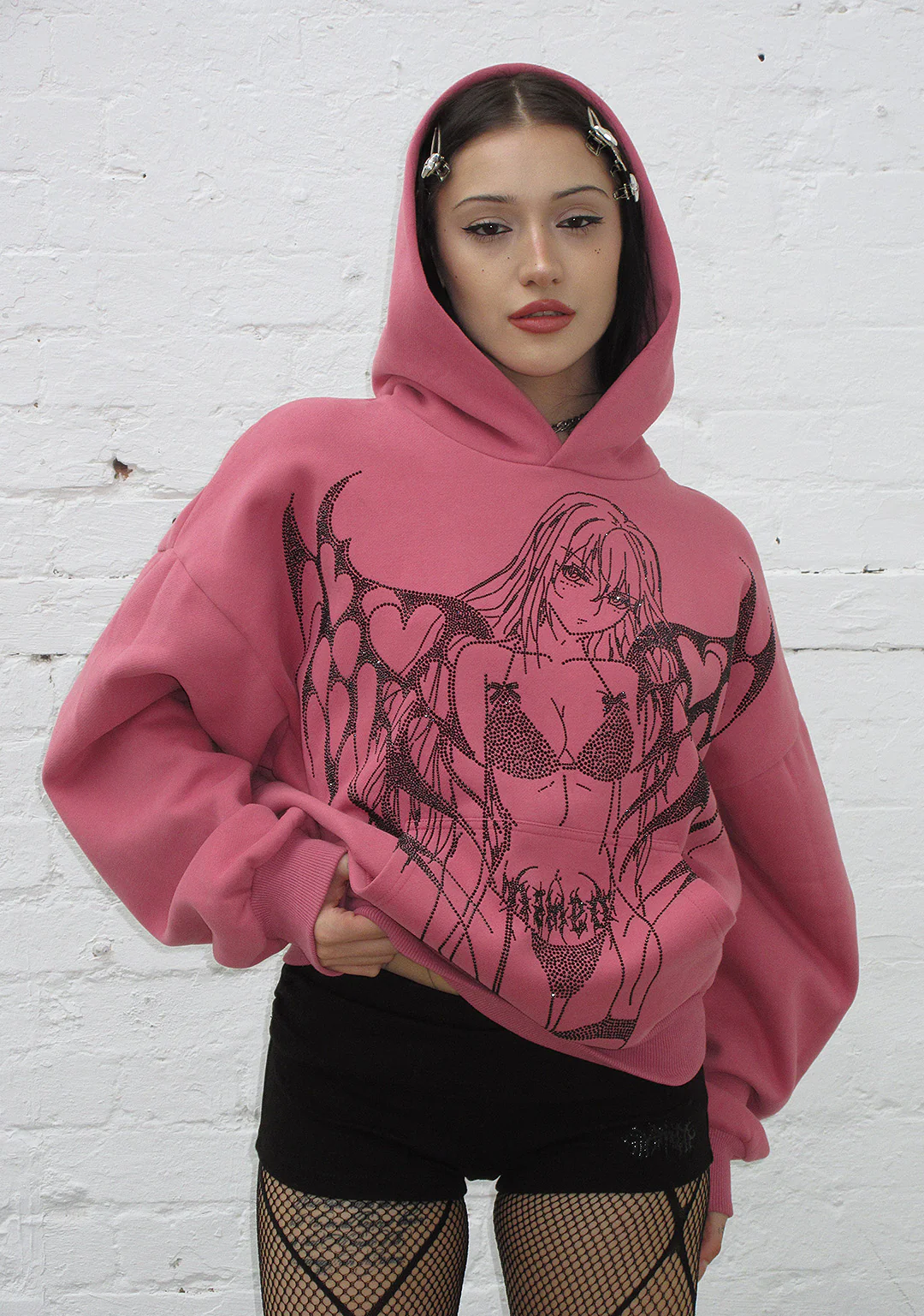 STRANGERS RHINESTONE ANGEL PULLOVER HOODIE DUSKY PINK - Image 4